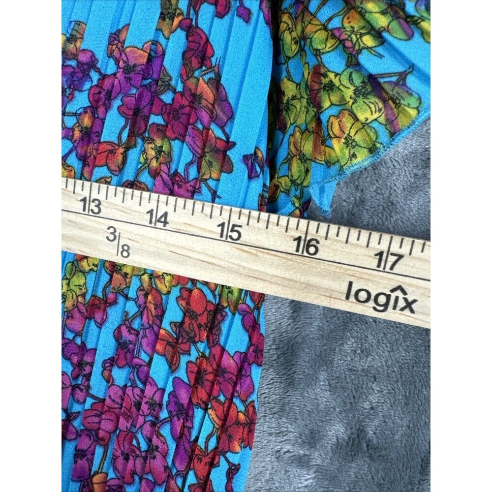 New Directions Dress Womens A Line Turquoise Blue Floral Pleated Short Sleeve - Picture 6 of 14